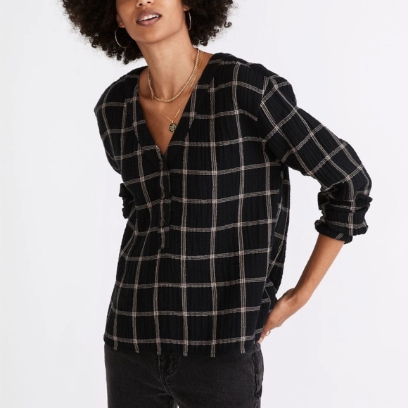 Madewell Tops - Madewell Lightspun Evert Pullover Top in Windowpane Plaid True Black Size Small